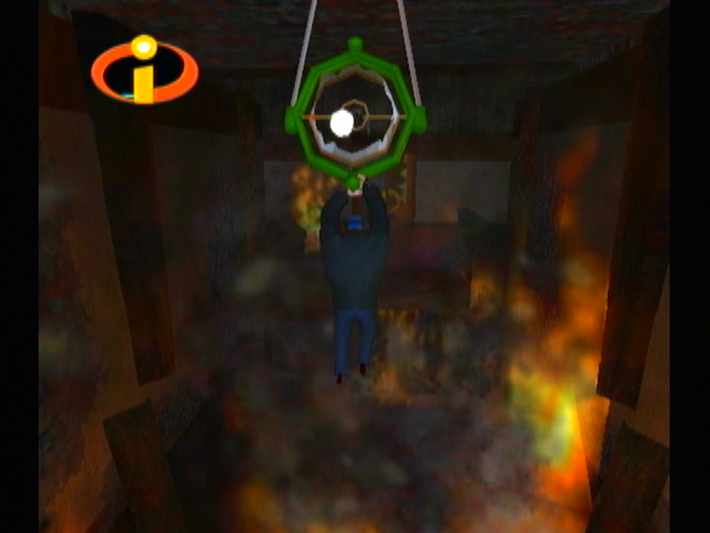 The Incredibles (GameCube) screenshot: Hanging on over a firey demise.