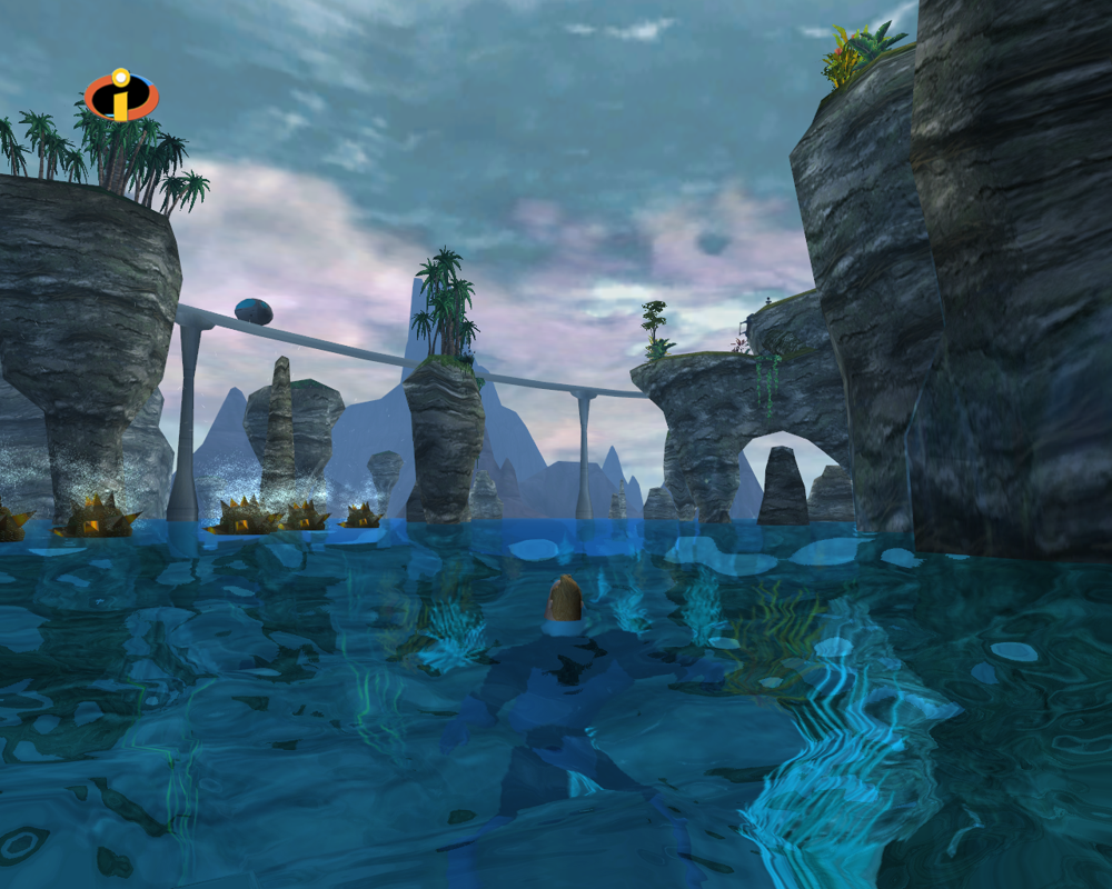 The Incredibles (Windows) screenshot: Those spiky balls will prevent me from just swimming off the island.