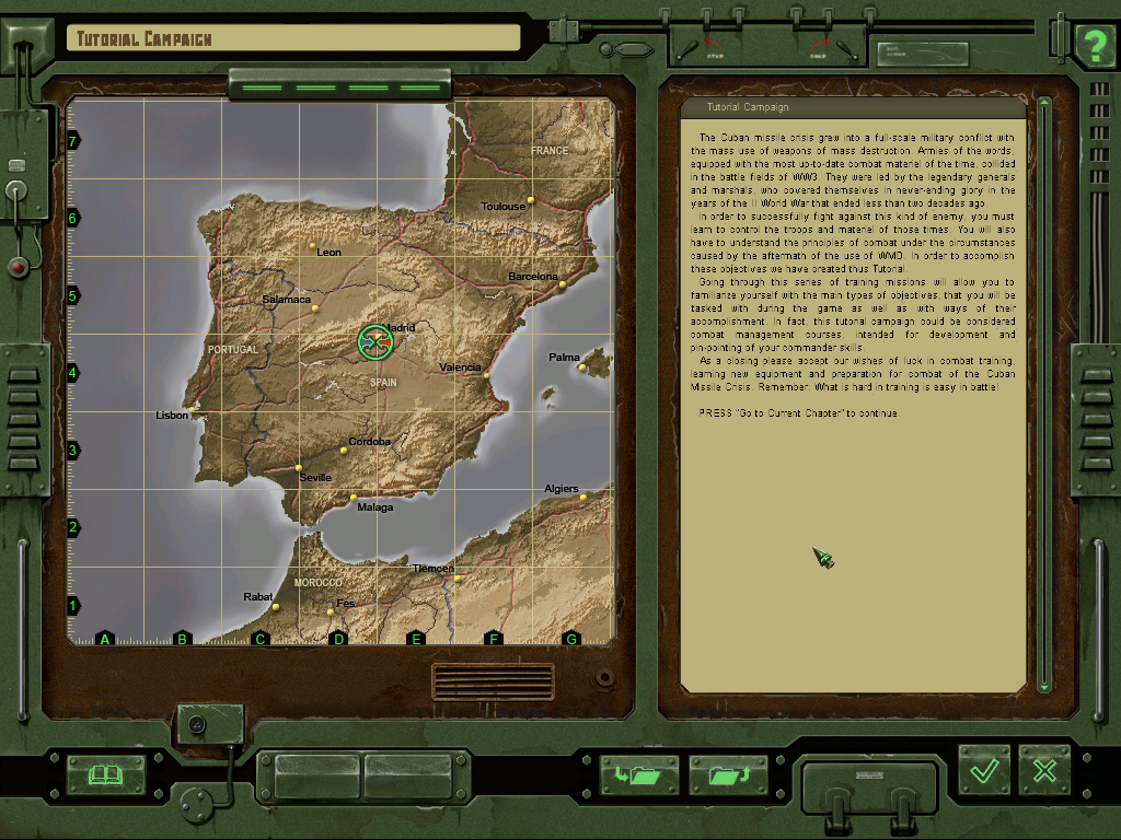Cuban Missile Crisis: The Aftermath (Windows) screenshot: The tutorial chapter. Yes the text really looks like that in-game.