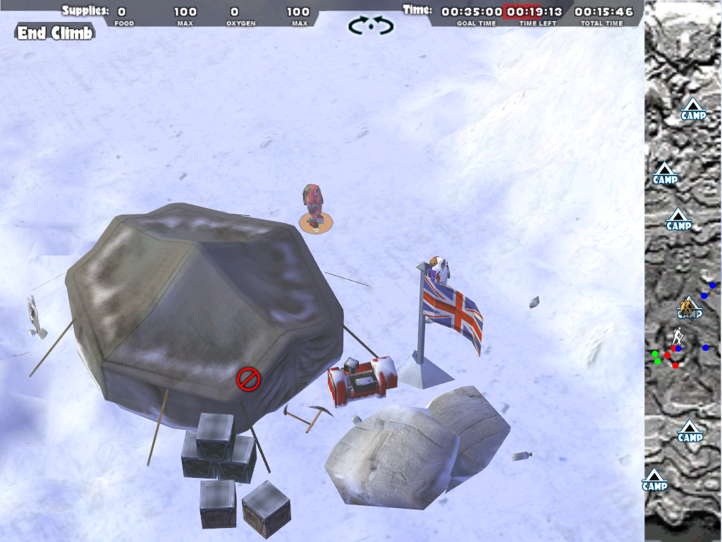 Everest: The Ultimate Strategy Game (Windows) screenshot: The camp sites look different but they all serve the same purpose. To heal some wounds and feed.
