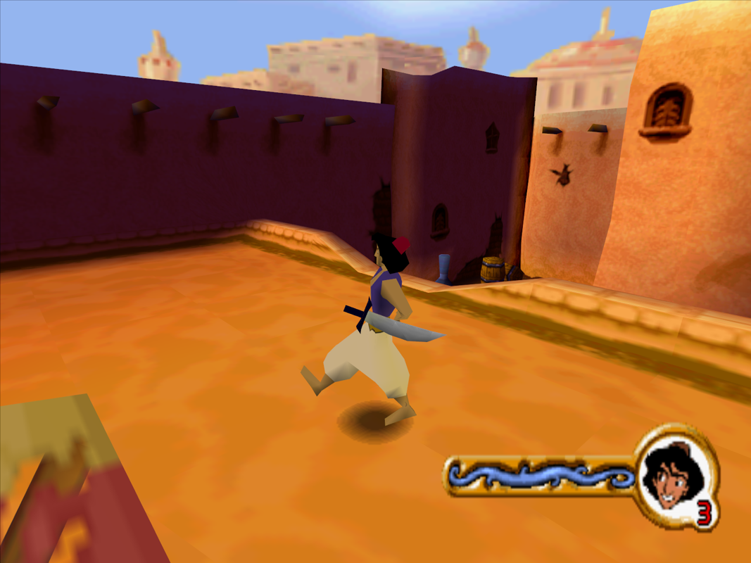 Disney's Aladdin in Nasira's Revenge (Windows) screenshot: This is the casually sneaking mode Aladdin has. Ignore the scimitar.