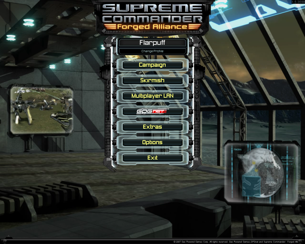 Supreme Commander: Forged Alliance (Windows) screenshot: New main menu. Notice the new gpgnet button.