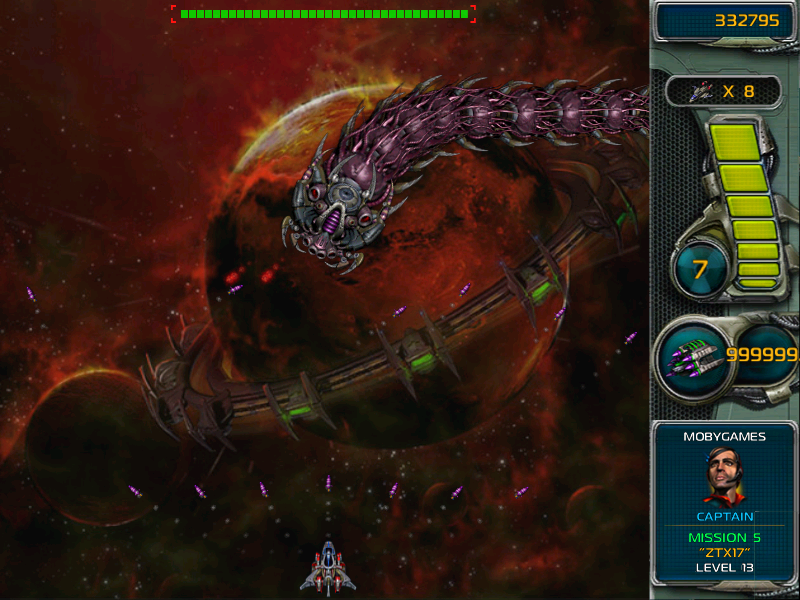 Star Defender III (Windows) screenshot: Promoted to Captain as I take on this frightening Mecha-Falkor.