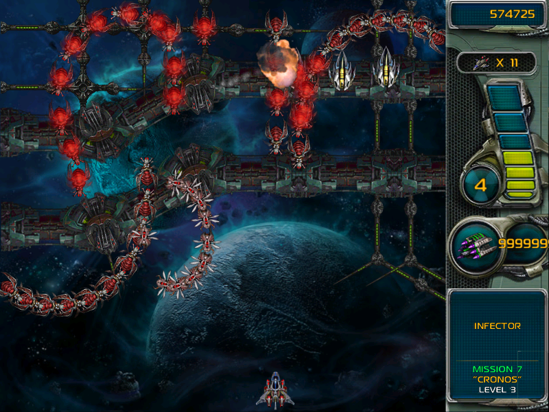 Star Defender III (Windows) screenshot: The infector weapon spreads from one enemy to the next causing them to soon explode.