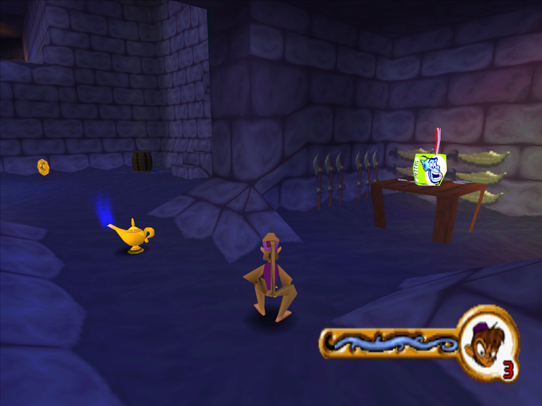Disney's Aladdin in Nasira's Revenge (Windows) screenshot: The guards' room. This is where they keep their weapons and juice boxes.