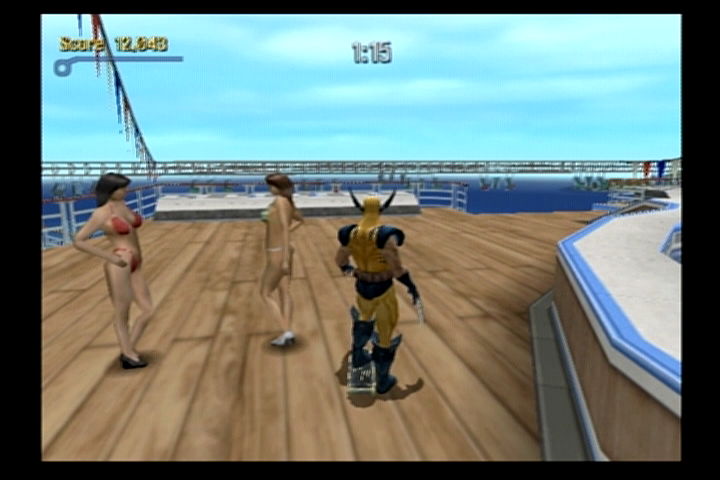 Tony Hawk's Pro Skater 3 (PlayStation 2) screenshot: Wolverine enjoys the scantily clad women on the cruise ship.