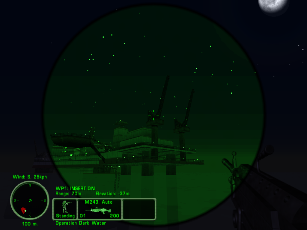 Delta Force: Land Warrior (Windows) screenshot: Approaching the oil platform at night with night vision.
