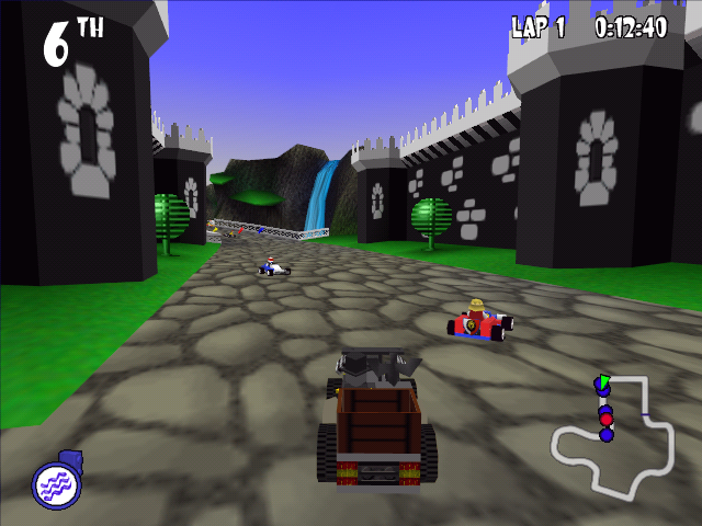 LEGO Racers (Windows) screenshot: Everything on the levels are lego themed, even the trees along the race-track.