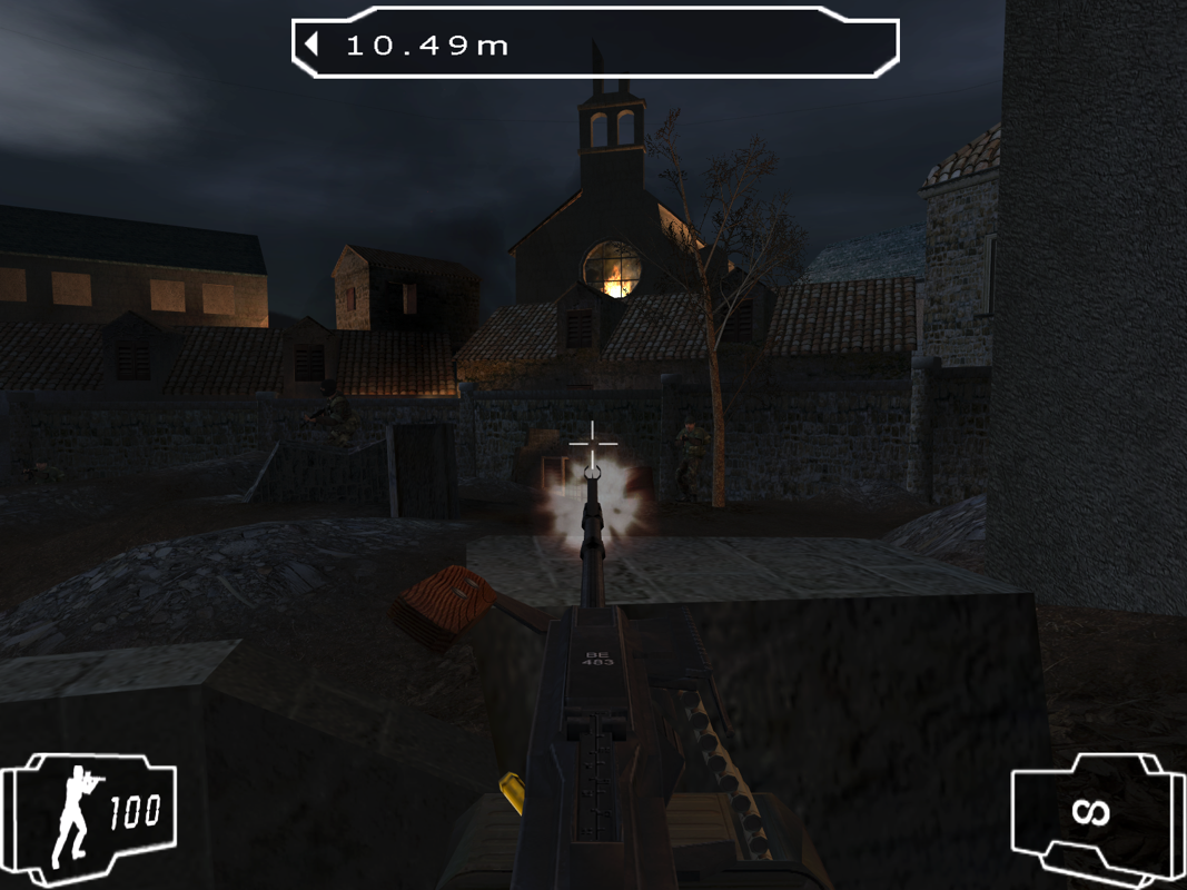 Shadow Ops: Red Mercury (Windows) screenshot: Taking control of a machine gun as your partner tries to unlock a door.