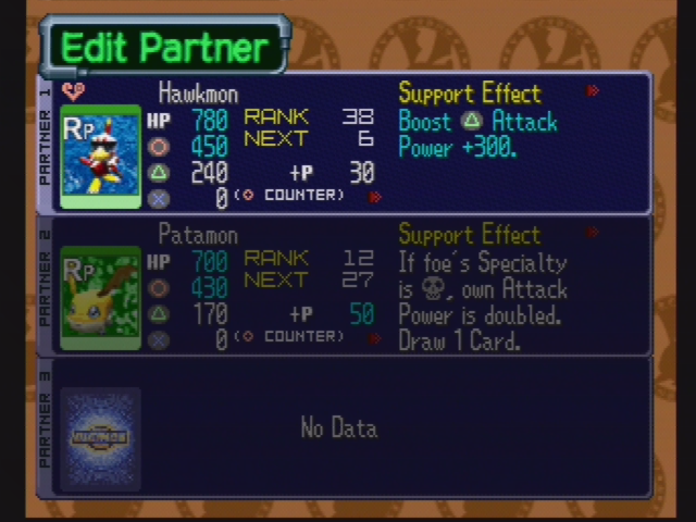 Digimon Digital Card Battle (PlayStation) screenshot: You can get partner cards; more powerful than normal cards, and they get experience.