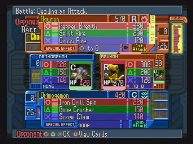 Digimon Digital Card Battle (PlayStation) screenshot: Pick an attack. Some are more powerful, but easily countered. Others have special abilities.