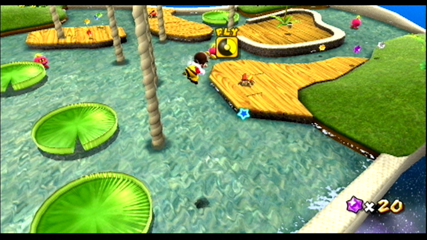Super Mario Galaxy (Wii) screenshot: As a bee you can fly, but don't land in the water!