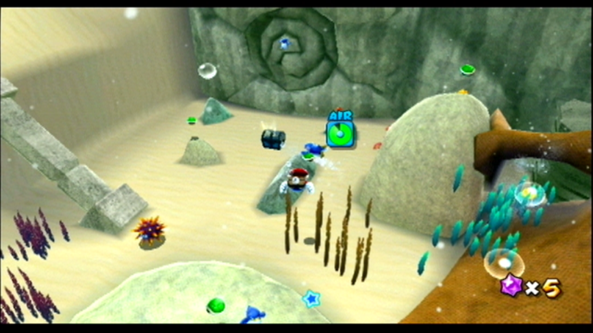 Super Mario Galaxy (Wii) screenshot: Swimming towards a treasure chest