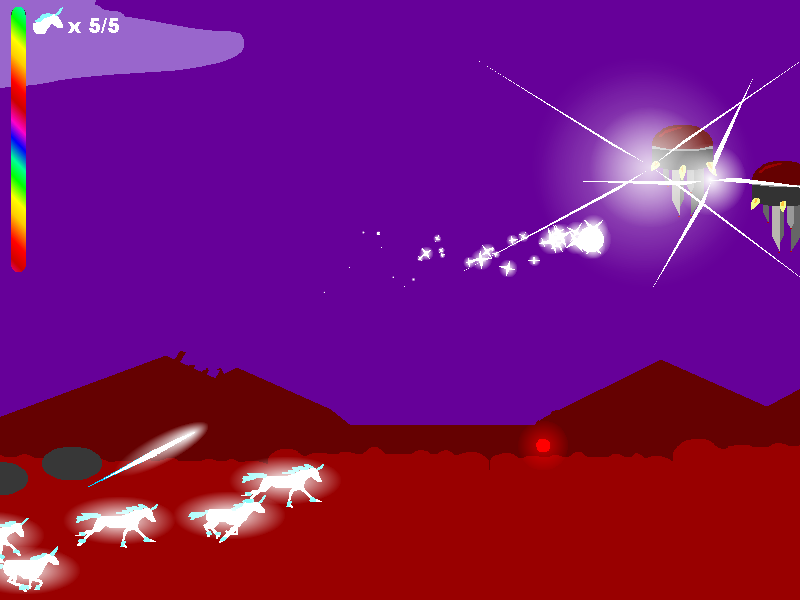 Post-Apocalyptic Unicorn Uprising (Windows) screenshot: Attacking flying robots.