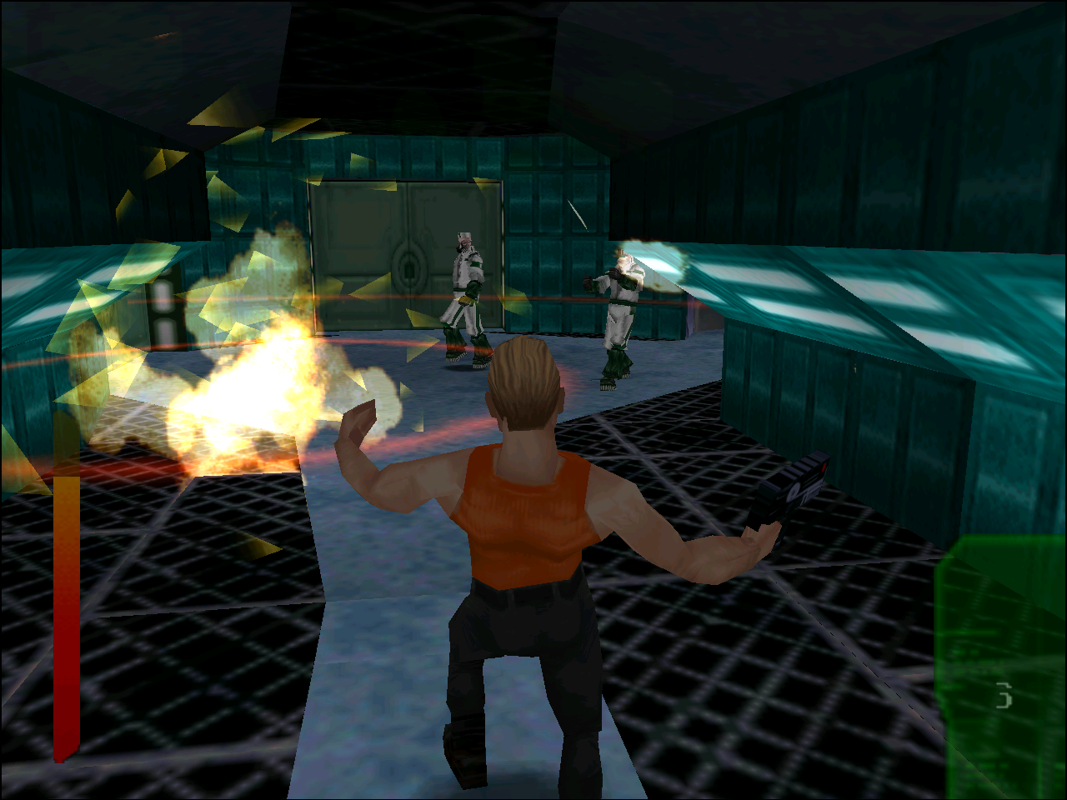 The Fifth Element (Windows) screenshot: Korben throws a grenade at the lab security.
