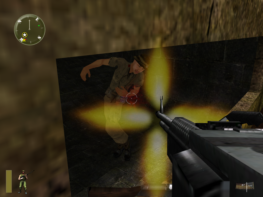 Marine Heavy Gunner: Vietnam (Windows) screenshot: This poor guy was just looking out the window when I snuck up on him. Sadly there are only about three different models for the enemies.