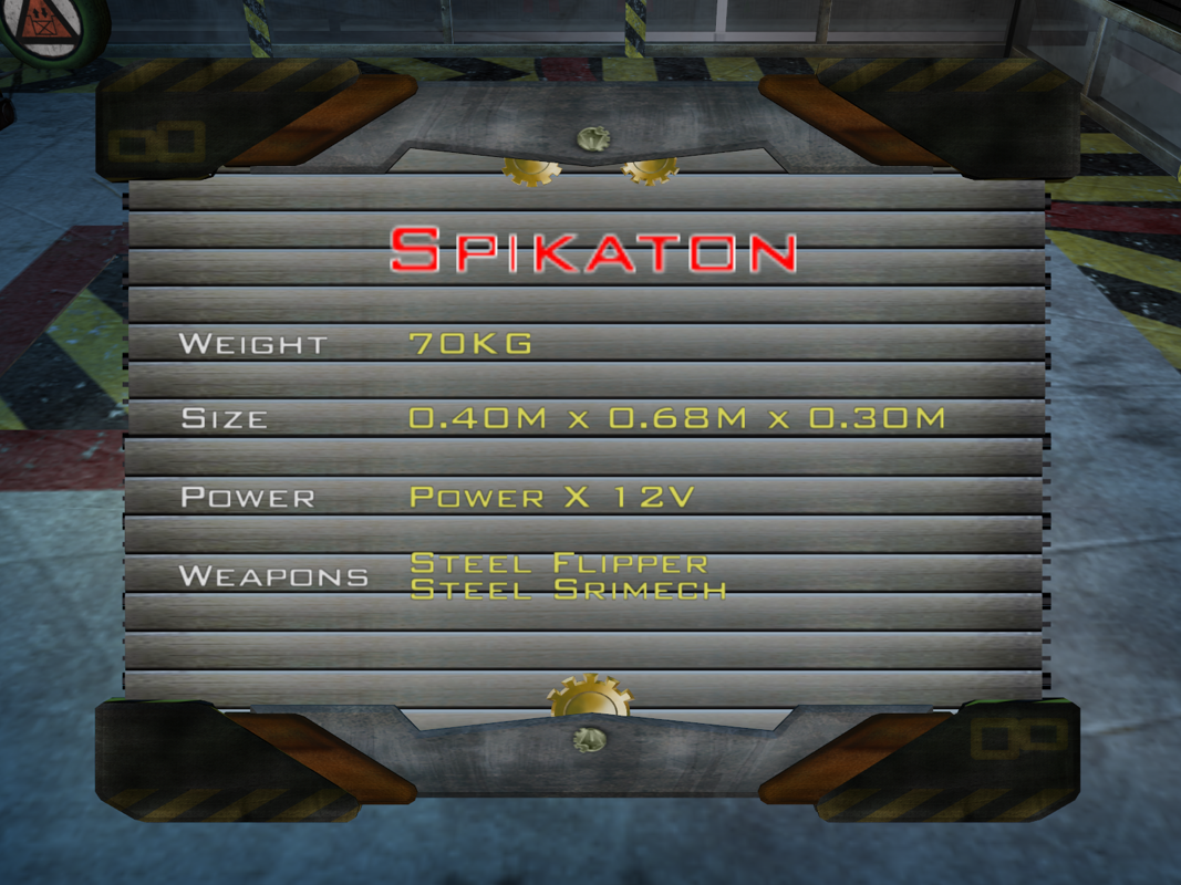 Robot Wars: Extreme Destruction (Windows) screenshot: At the beginning of every match you'll get stats of the robot you picked as well as the other robots.