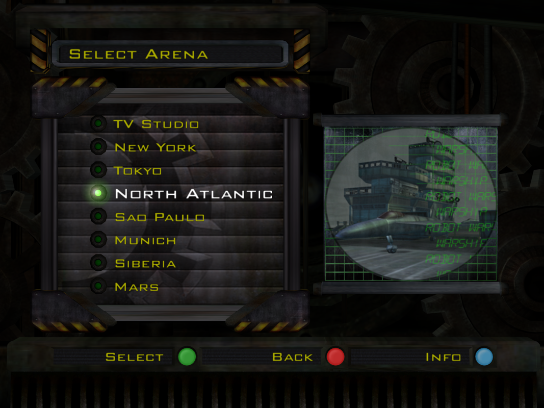 Robot Wars: Extreme Destruction (Windows) screenshot: Level selection screen. Mostly uninformative.