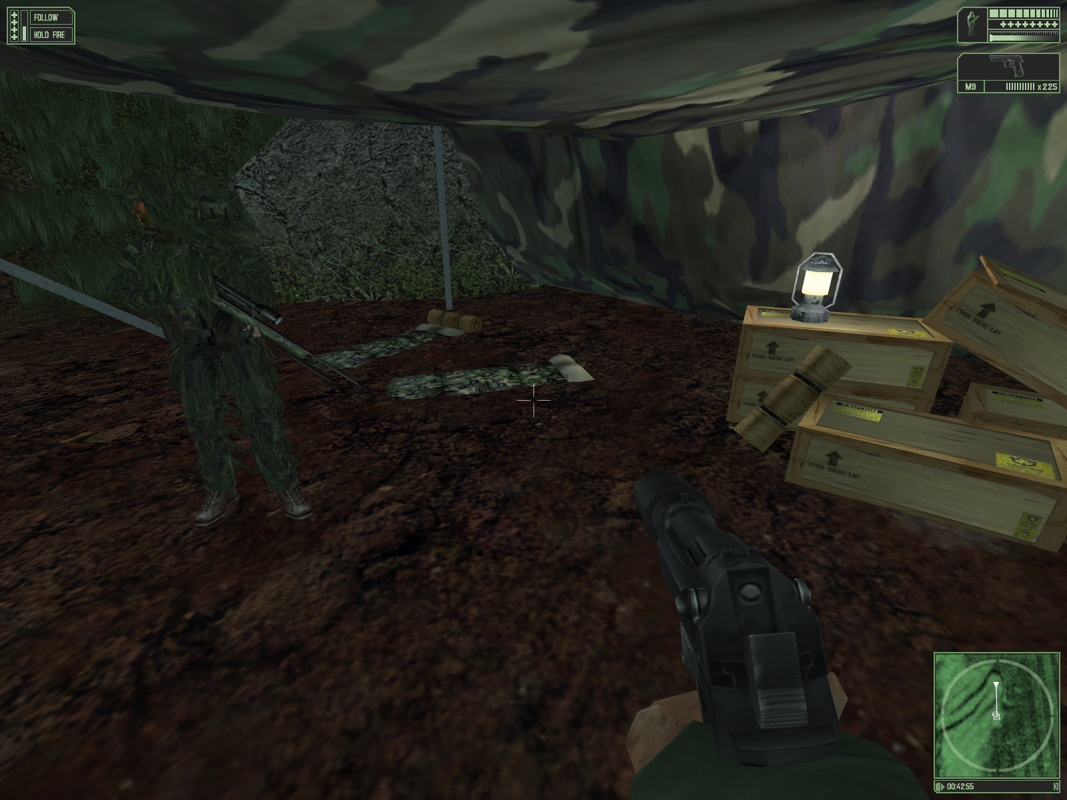 Marine Sharpshooter II: Jungle Warfare (Windows) screenshot: This camp holds more goods but you can't interact with closed boxes or even move them. In fact shooting at boxes clearly marked explosive does nothing.