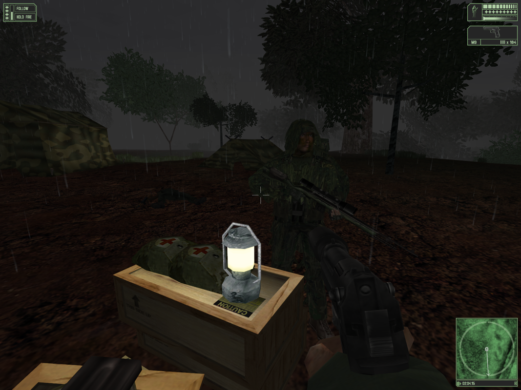 Marine Sharpshooter II: Jungle Warfare (Windows) screenshot: Cooper and I await instructions at this enemy camp while getting drenched.