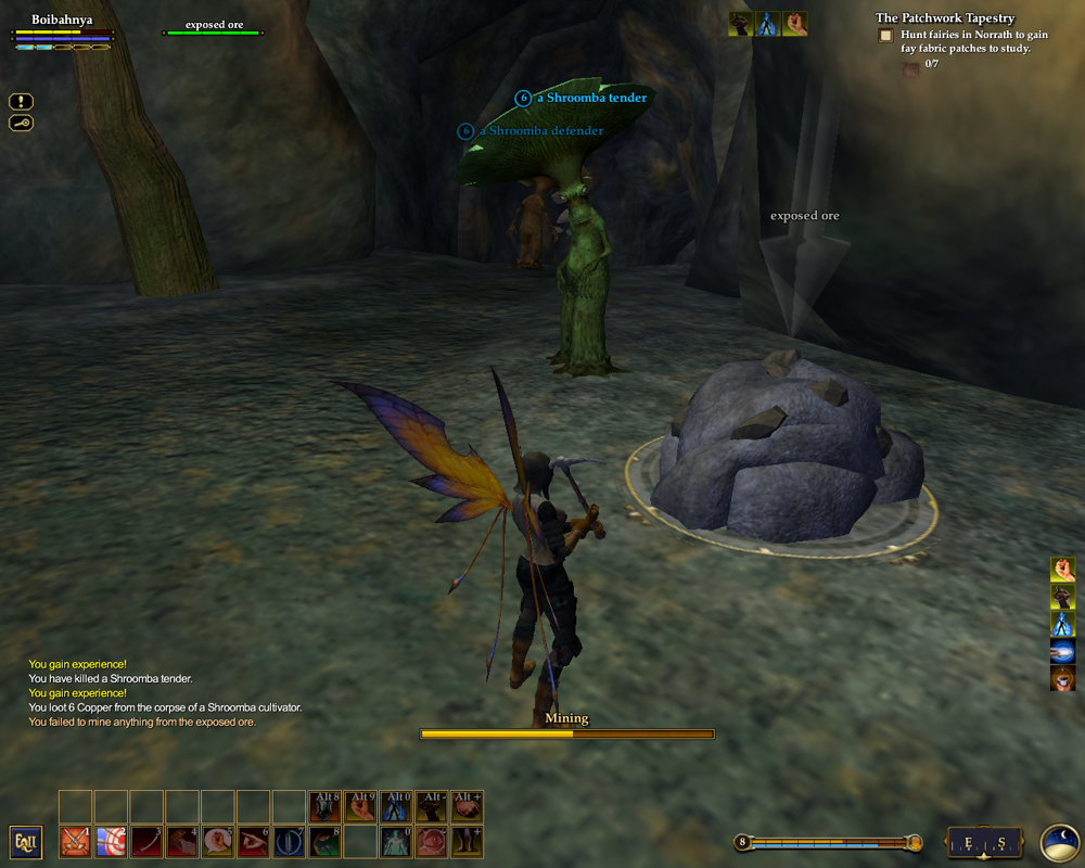 EverQuest II: Echoes of Faydwer (Windows) screenshot: Mining some ore while being carefully watched by a tree.
