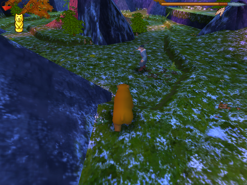 Disney's Brother Bear (Windows) screenshot: Using the Golden Bear totem to scare the hunter with a mighty roar