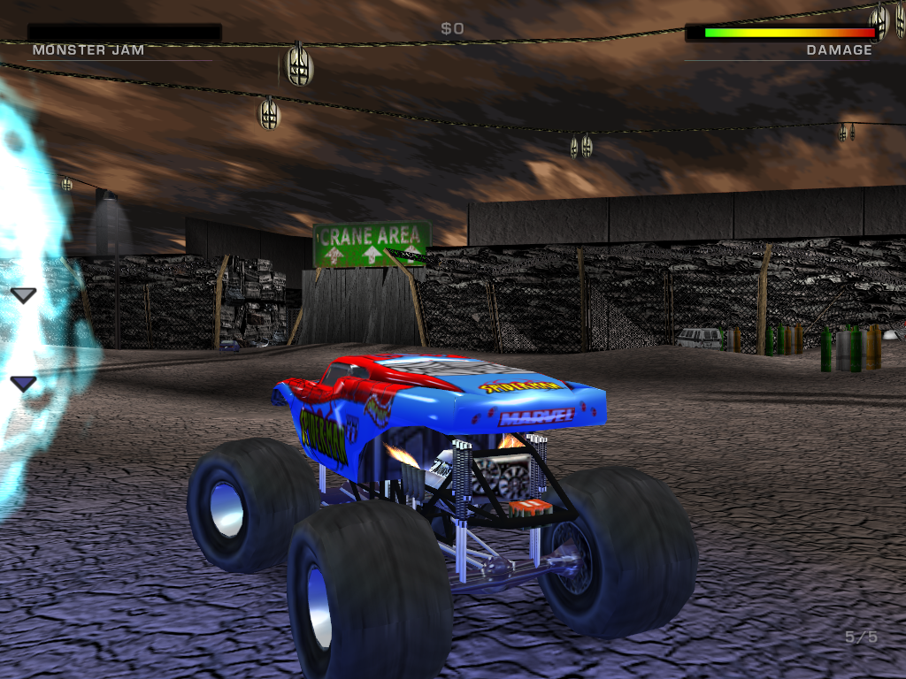 Monster Jam: Maximum Destruction (Windows) screenshot: Spider-Man avoids a geyser in The Junkyard level.