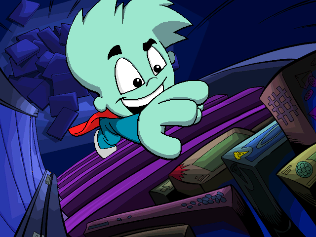 Pajama Sam: Games to Play on Any Day (Windows) screenshot: Sam dons his cape and climbs the closet shelves to reach his board games