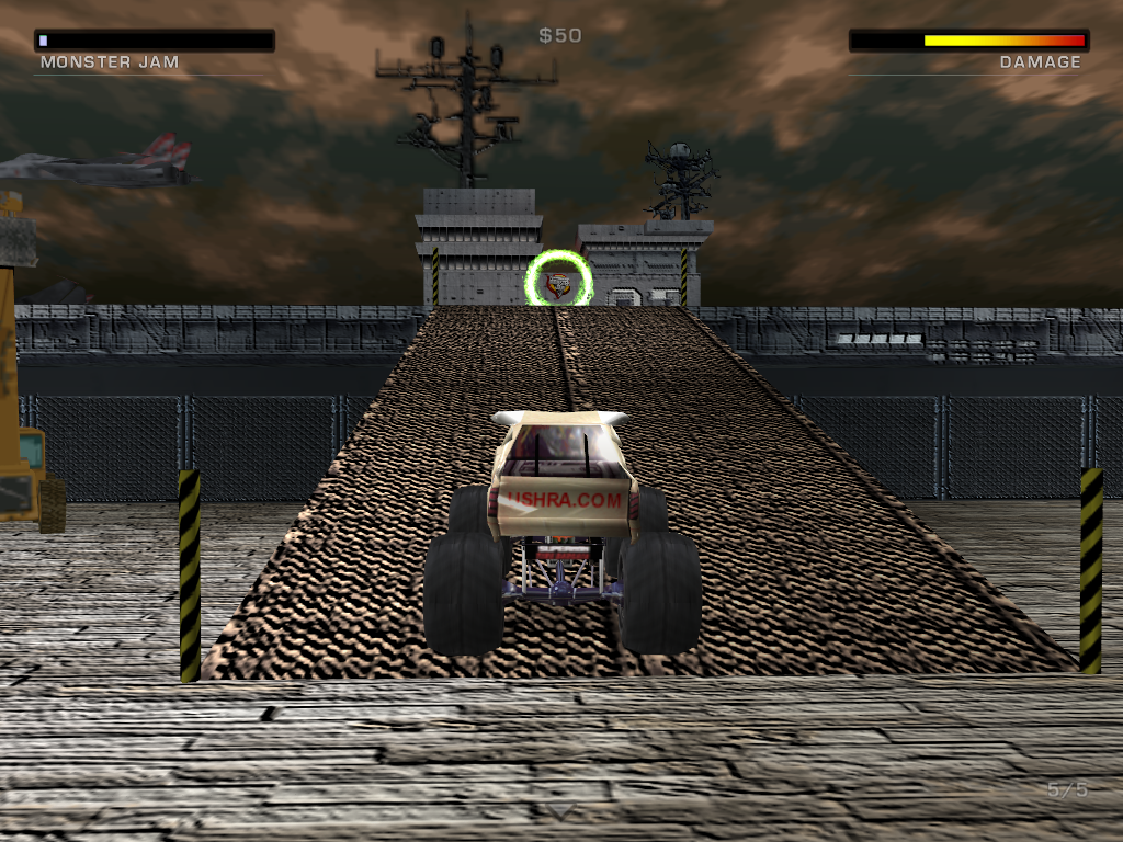 Monster Jam: Maximum Destruction (Windows) screenshot: Boarding the aircraft carrier. Mind your step and don't fall off or it's game over.