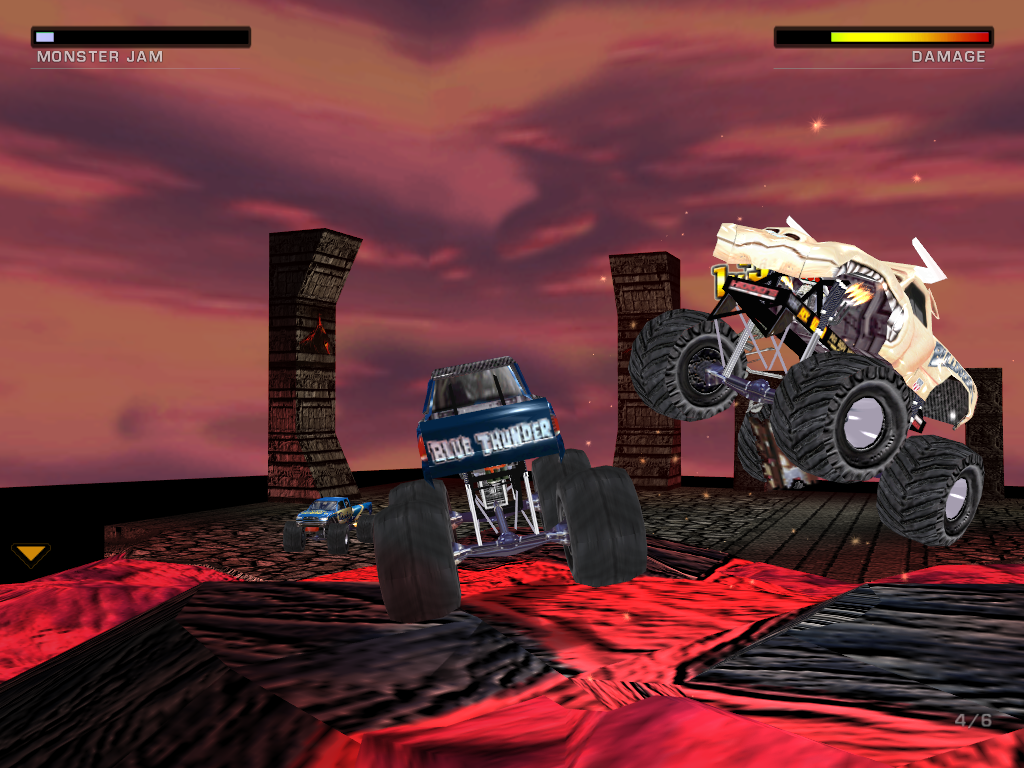 Monster Jam: Maximum Destruction (Windows) screenshot: Lava island mini-game has you trying to knock each other off the island.