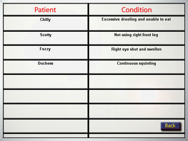 Vet Emergency 2 (Windows) screenshot: Patients and their conditions
