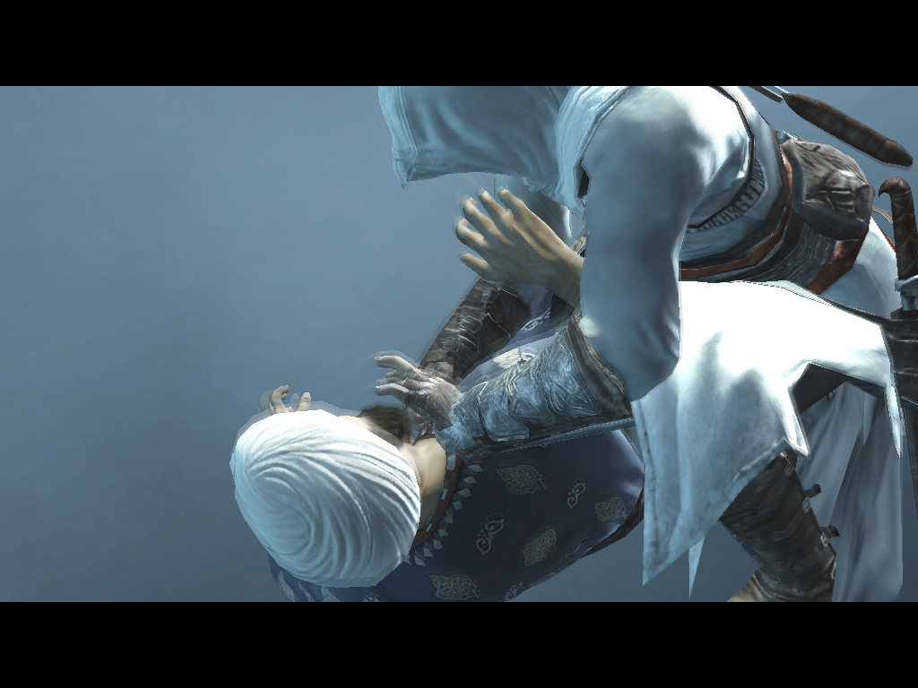 Assassin's Creed (Director's Cut Edition) (Windows) screenshot: After your assassination target is down you will see such a screen in which Altaïr is having a little chat with his nemesis.