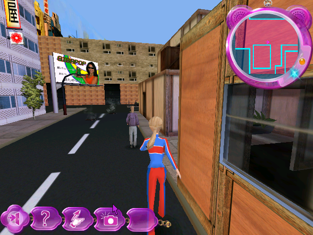 Secret Agent Barbie (Windows) screenshot: Barbie in actionwear, following a suspect.