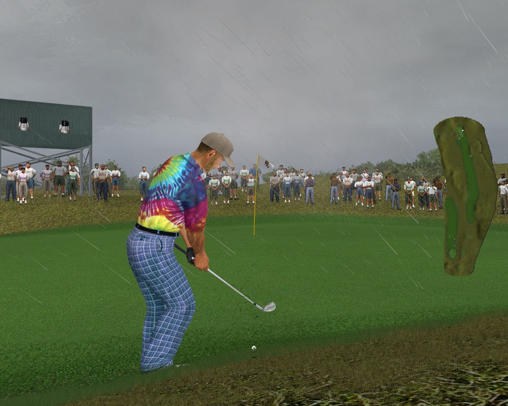 Tiger Woods PGA Tour 2003 (Windows) screenshot: I was challenged while practicing. I wasn't counting on this crap weather.