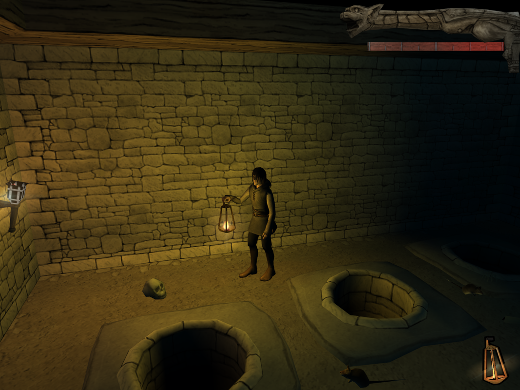 Inquisition (Windows) screenshot: The lantern comes in handy. Another feature of the lantern is the ability to light unlit torches mounted on walls.