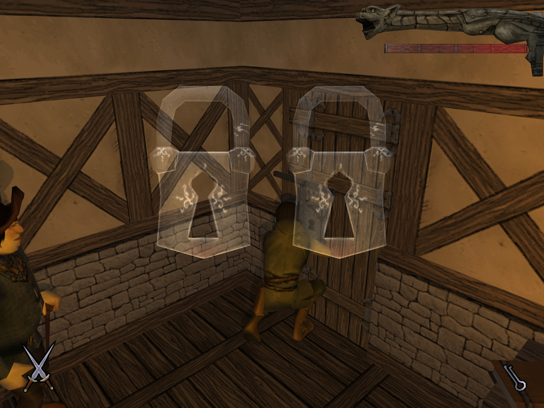 Inquisition (Windows) screenshot: Lock-picking involves pressing the right direction for each lock displayed.