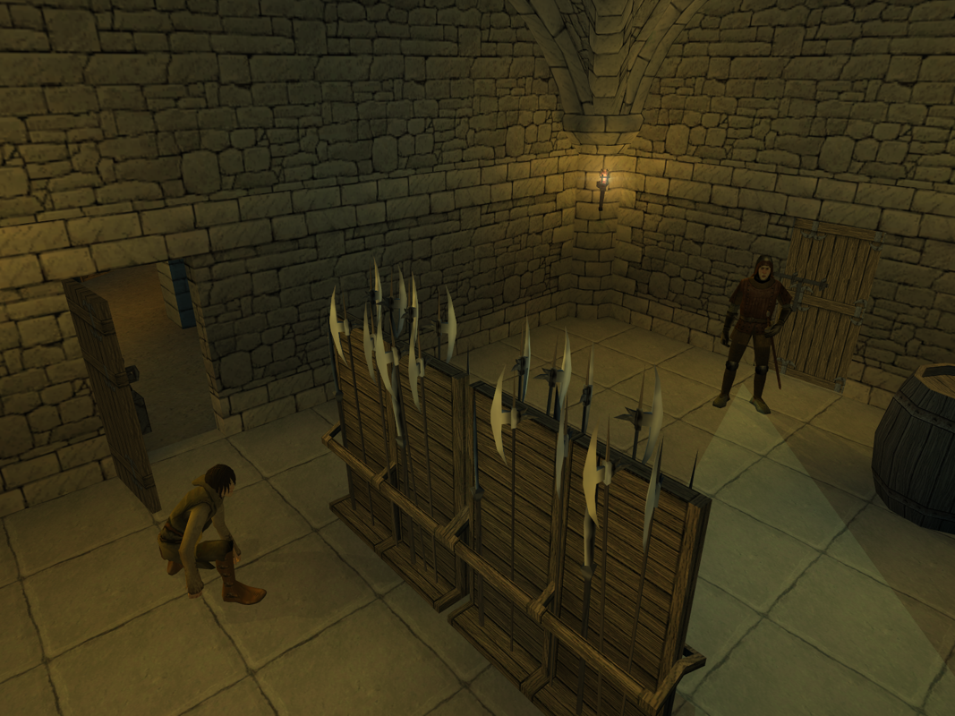 Inquisition (Windows) screenshot: Hiding behind a stack of weapons.