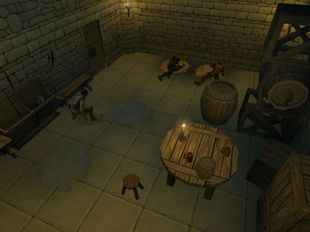 Inquisition (Windows) screenshot: Avoid those puddles on the ground or you'll wake the sleeping guards.