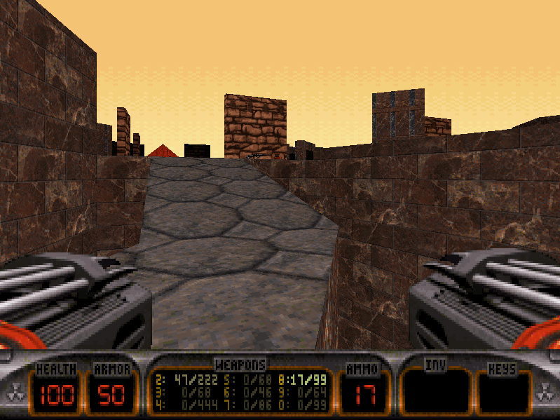 Duke Xtreme (Windows) screenshot: Well-equipped in a multiplayer map... now if only there were any other players!