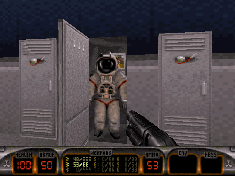 Total Meltdown (DOS) screenshot: What? These are spacesuit lockups and not bathroom stalls? Uhh... I've made a terrible mistake!
