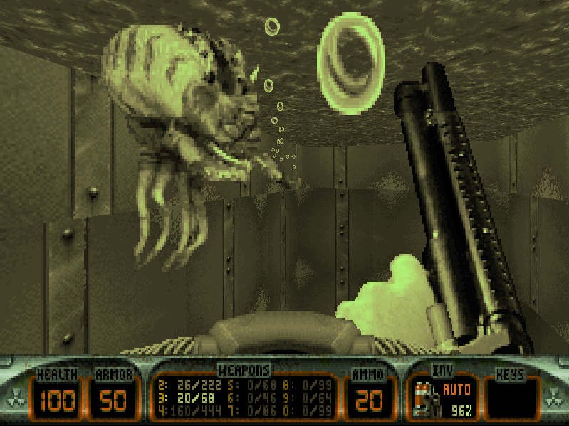 Duke Xtreme (Windows) screenshot: I'd be angry, too, if my disembodied brain was forced to float around in this second-rate slurry!