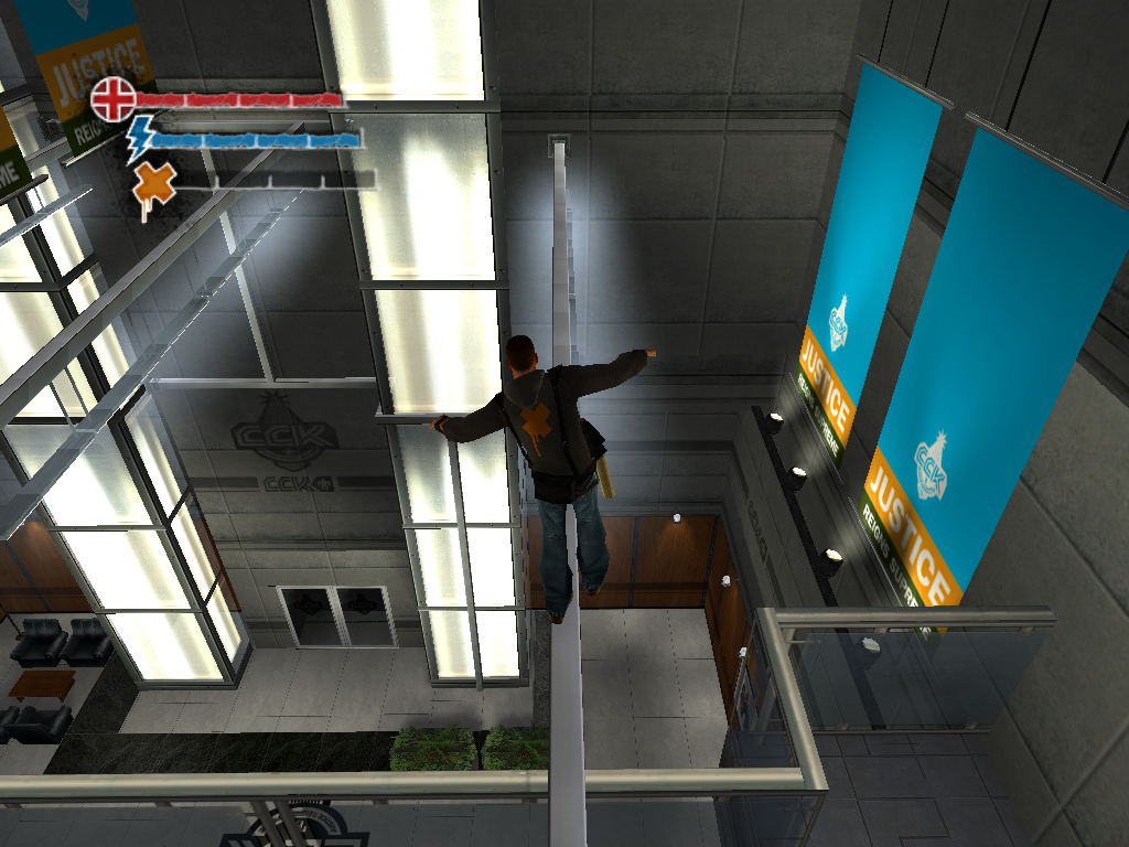 Marc Ecko's Getting Up: Contents Under Pressure (Windows) screenshot: Taking the catwalks atop the lobby of the CCK building.