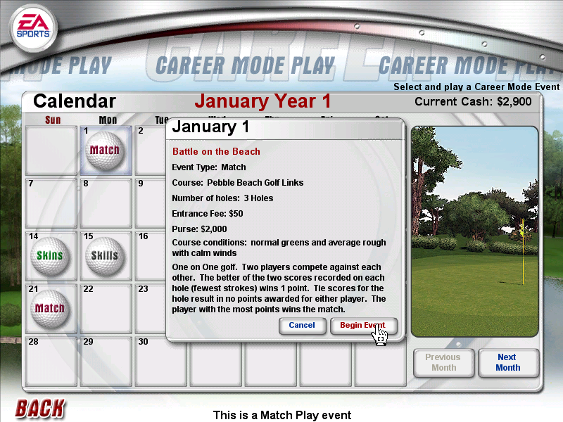 Tiger Woods PGA Tour 2003 (Windows) screenshot: The career calendar. Here's where you get to see your upcoming matches etc.