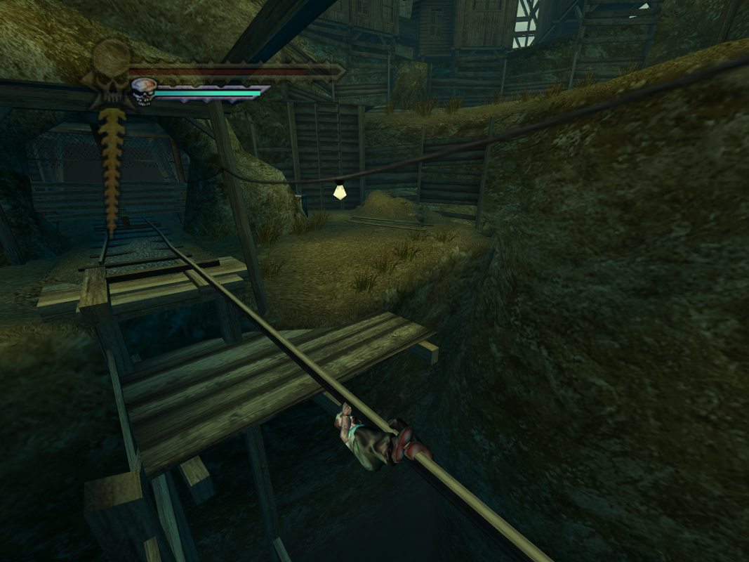 Evil Dead: Regeneration (Windows) screenshot: Sam goes hand-over-hand across a chasm.
