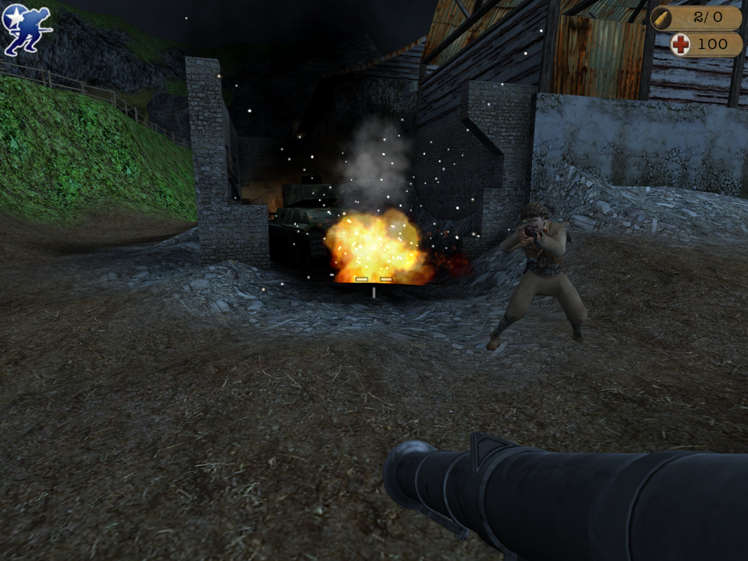 World War II Combat: Iwo Jima (Windows) screenshot: A tank blows up right behind him but he's still fighting me!