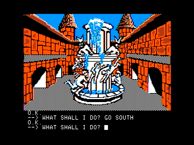 Sorcerer of Claymorgue Castle (Apple II) screenshot: A waterfountain! Betcha it's magical...