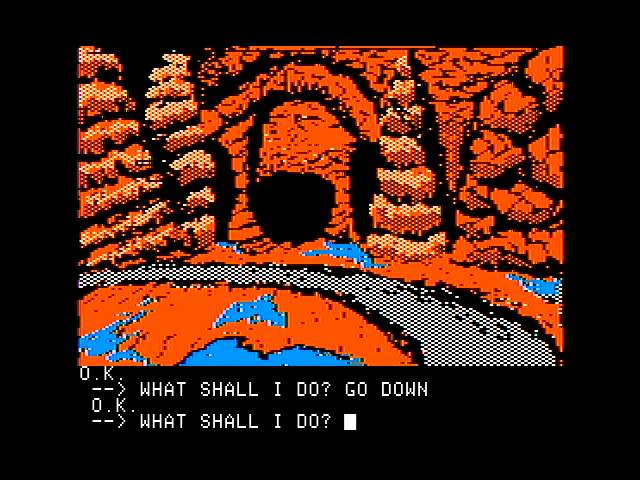 Sorcerer of Claymorgue Castle (Apple II) screenshot: A nice underground cavern