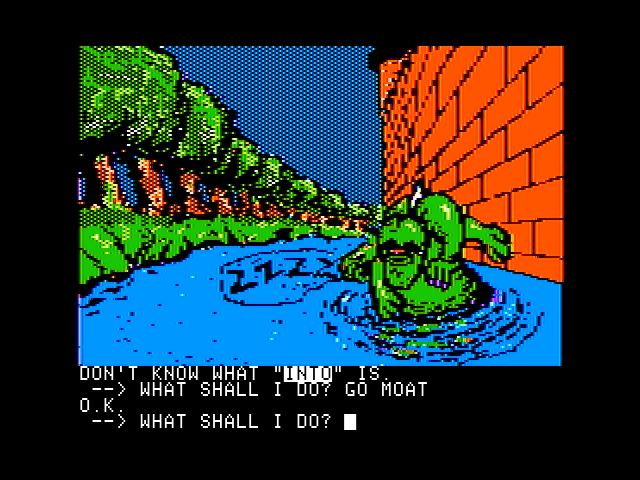 Sorcerer of Claymorgue Castle (Apple II) screenshot: Leave sleeping moat monsters alone...