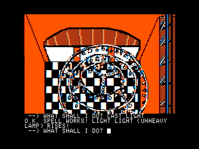 Sorcerer of Claymorgue Castle (Apple II) screenshot: The unheavy chandelier rises...