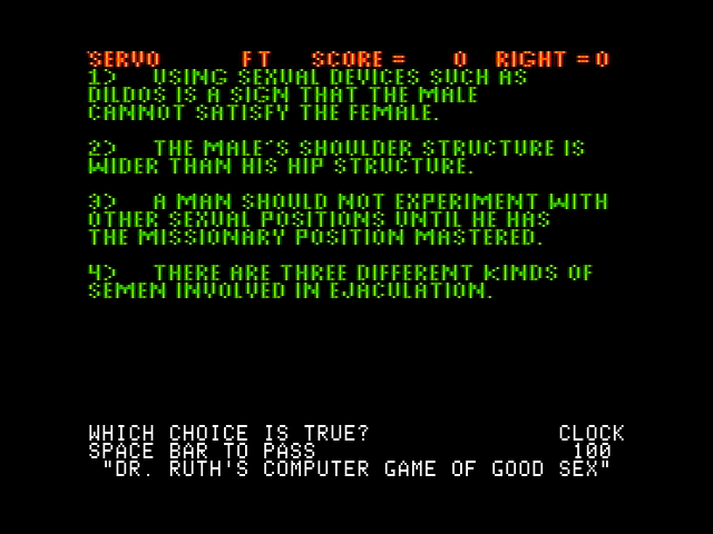Dr. Ruth's Computer Game of Good Sex (Apple II) screenshot: Which choice is true?